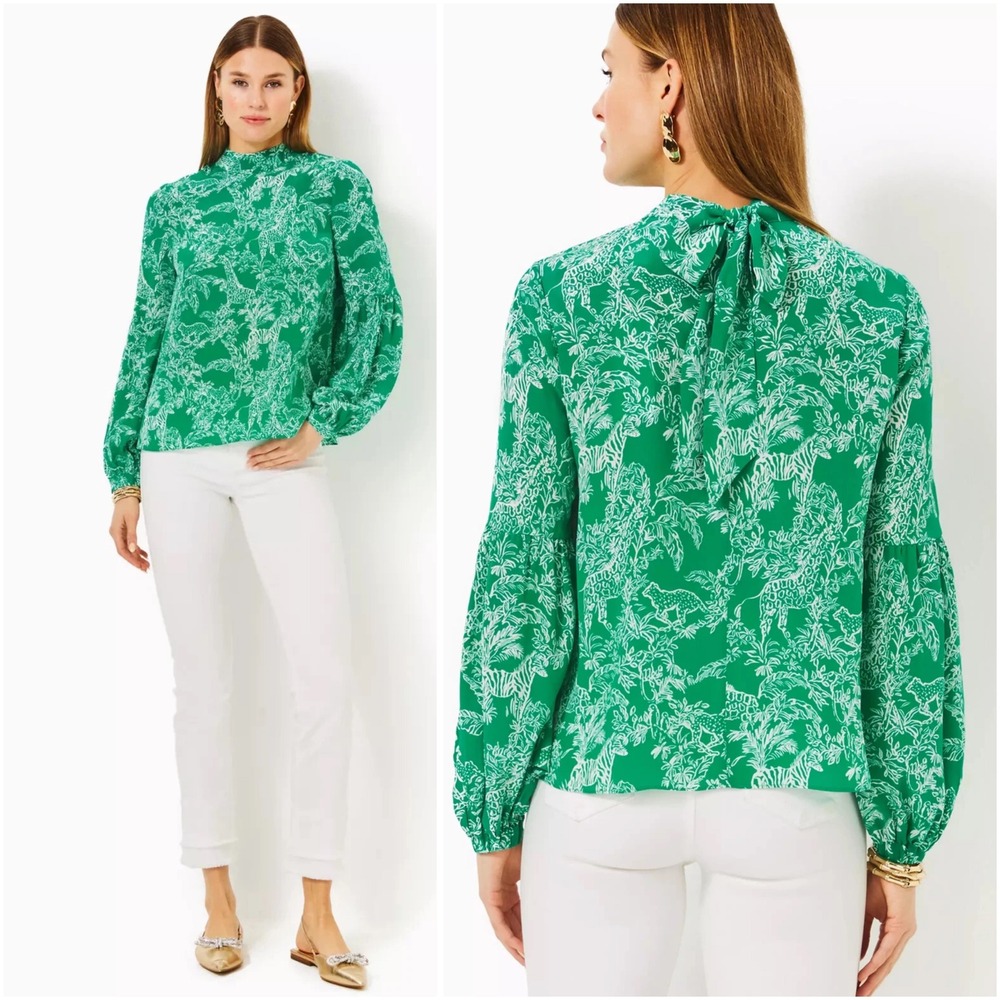 Lilly Pulitzer Witaker Silk Top Fiddle Leaf Green Safari Party XL NEW Blouse